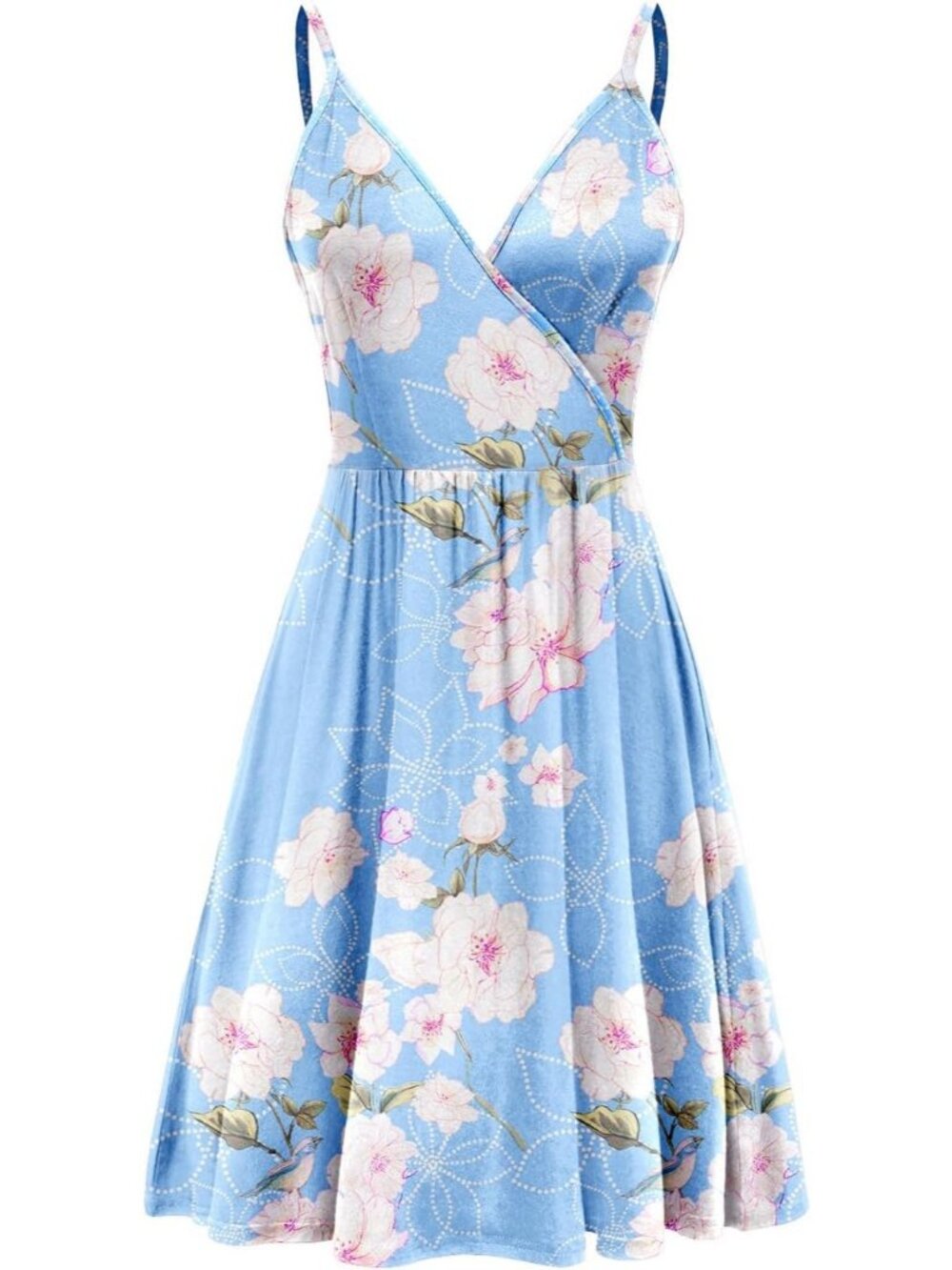 Women's Flower Light Blue Neck Spaghetti Strap Sundress Casual Beach Mini Dress - Picture 3 of 5